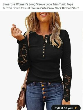 Black Long-Sleeve Henley Top with Lace Bell Sleeves
